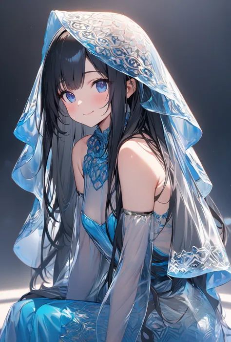 ((Highest quality)), ((masterpiece)), ((Very detailed)), (Very mature),A cute, gentle-looking woman with black hair, about 165cm tall and small breasts.，A woman with small breasts and a cute smile wearing a transparent blue waifus with a cute patterned hoo...