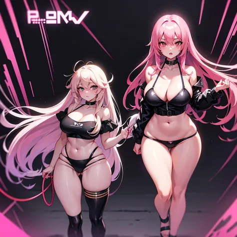 Girl, long pink hair, curvy body, dog leash in her neck, black underwear, nightclub background, anime style 