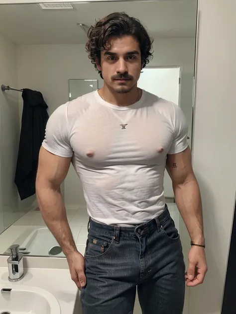 Handsome man , light mustache, hot muscular body , medium curly hair , mirror selfie, best quality like its taken by iPhone 12 , wearing black baggy jeans and white t shirt