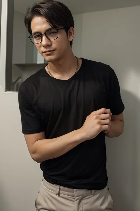 a handsome young man wearing a black shirt plus glasses and the name Egi