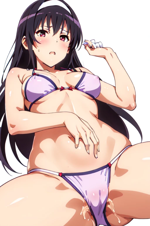 alone, One girl, View Viewer, 2D, anime, anime coloring, Upper Body, (Simple Background, White background:1.3), utaha kasumigaoka, ((Purple Bikini))，((Purple Bikini))，squat，From below，blush，Embarrassing， (( 指で膣を触ってMasturbationする)),Masturbation，orgasm，Love ...