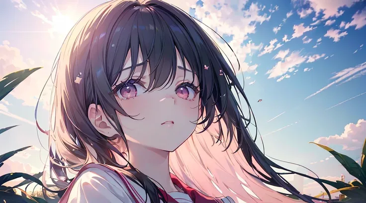 far,(((Highest quality、masterpiece、Ultra-fine、Ultra-fine、Exquisite、16k、Full HD,high school girl,))) 、Black Hair,((Sad), (((Looking up from below)))) 、((Soft sunlight、((sunny)) )),Dark Eyes、Long eyelashes、White skin、(Pale pink lips、Pale pink cheeks、thin and...