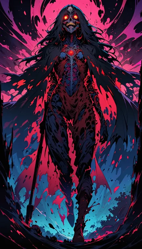 (best quality,highres,masterpiece:1.2),ultra-detailed,Anime line art:1.1,manga style,death god,Full body,(body horror: 1.4),(biology: 1.3),detailed face,expressive eyes,sharp contrast,flowing robe,(bloody: 1.2),mysterious atmosphere,dark background