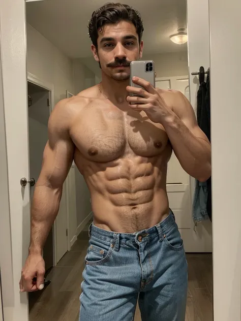 Handsome man , light mustache, hot muscular body , medium curly hair , mirror selfie, best quality like its taken by iPhone 12 , wearing baggy jeans 