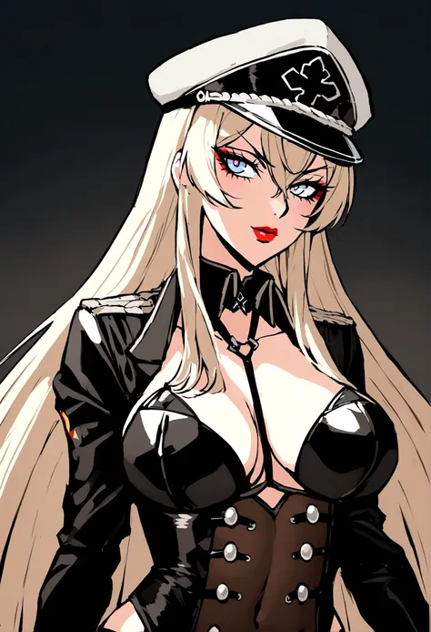 Create an image of the most stunningly beautifully WWII German SS elite esdeath, Stunningly gorgeous beautiful perfect face, long luscious eyelashes,  black eyeliner, perfect makeup, red lipstick, vibrant sapphire eyes, perfect smooth skin, long platinum b...