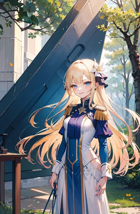 (Standing painting: 1.2) + (1girl:1.5)+ golden hair + princess cut + white knight uniform + detailed eyes and nose + deep blue eyes +  white battle uniform + domineering, masterpiece, best quality,evil smile,holy,((forest background)),adult,