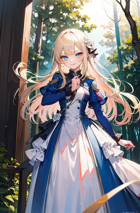 (standing painting: 1.2) + (1girl:1.5)+ golden hair + princess cut + white knight uniform + detailed eyes and nose + deep blue e...