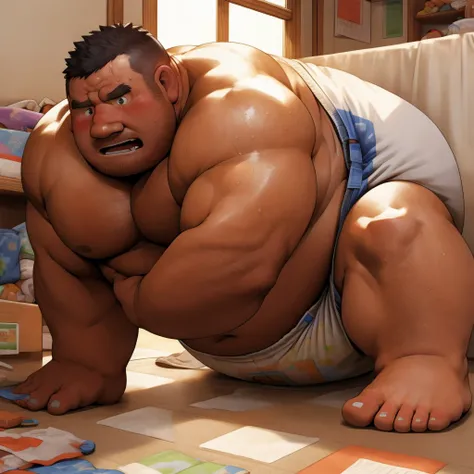 masterpiece, Top quality, in 32K, perfect anatomy, hyper detailed, super fine illustration, The thick man is a brutal prisoner, retarded, hairy human, 50yo in Japan, (fatness: 1.0), Fatty muscle, Bowleg, disappointment, incontinent, shy, sissy, Weaker than...