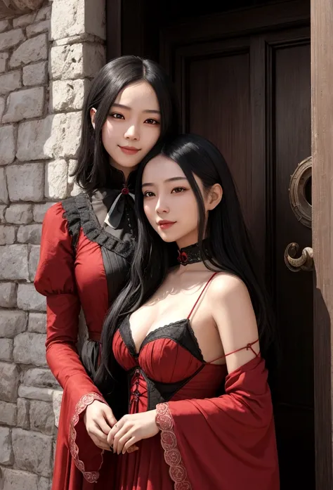 Asian girl with charming smile, long, enveloping black hair that his girlfriend embraces, a very light brunette woman with short hair and red-hot crescent-shaped eyes., dressed in male victorian gothic style. The background is defying reality with great 8K...