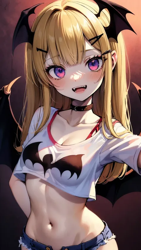 (best quality,4k,highres),sexy demon ,open denim shorts,white wet t-shirt,bare midriff,underboob,batwings,dracula fangs,gazing at viewer,portraits,vivid colors, Blonde hair,dark and atmospheric lighting, Leaning forward very close to viewer, 