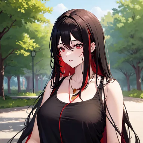 anime panel, woman, Korean, long, black, wavy hair with red highlights, red, slanted eyes, casual clothes, black tank top, ear piercing, necklace, hair illuminated by sunlight, park background