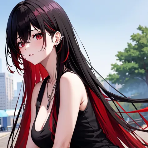 anime panel, woman, Korean, long, black, wavy hair with red highlights, red, slanted eyes, casual clothes, black tank top, ear piercing, necklace, hair illuminated by sunlight, park background