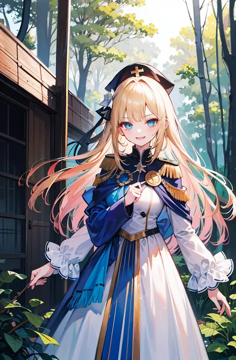 (Standing painting: 1.2) + (1girl:1.5)+ golden hair + princess cut + white knight uniform + detailed eyes and nose + deep blue eyes +  white battle uniform + domineering, masterpiece, best quality,evil smile,holy,((forest background)),adult,