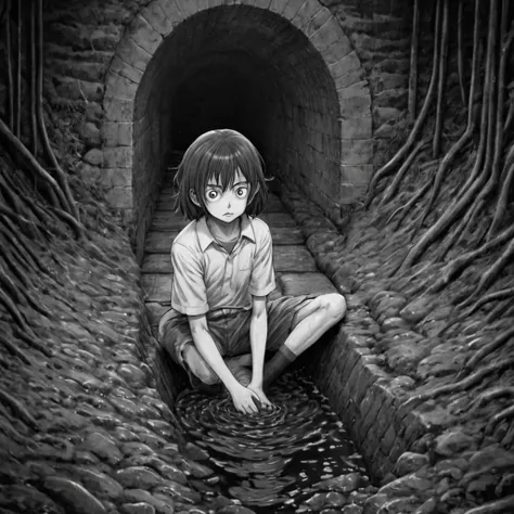 young student, inside the sewer, dirt, (anime), bizarre scenario, Junji Ito, Yusuke Murata, black and white, 8k, anime, horror