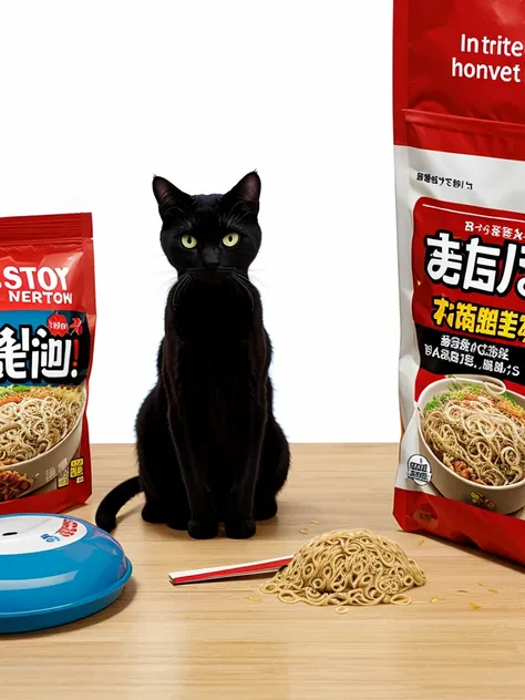 Cat eating instant noodles, simple background, comics style