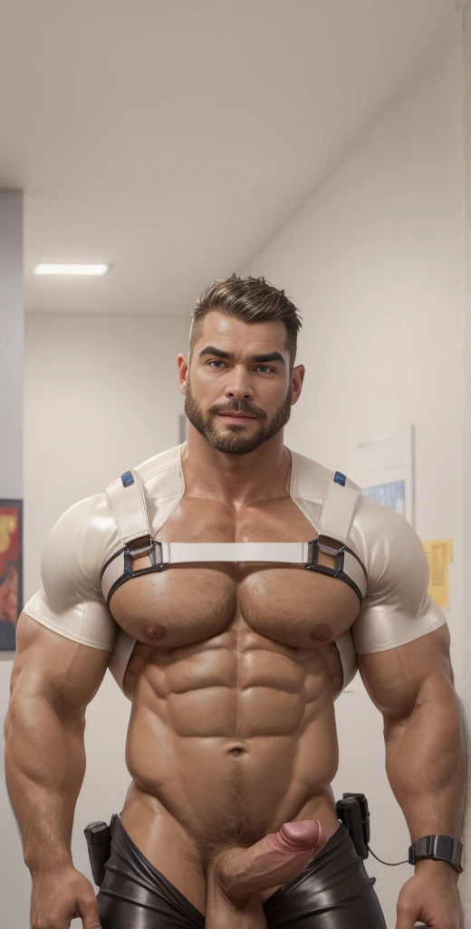 1boy, European, solo, facial hair,55 yrs old, dom, male focus, flaccid penis,dom, pectorals, bara, muscular, mature male, muscular male, abs, beard, ring nipples, chest harness, short hair, navel, stomach, large pectorals, thick eyebrows, bare pectorals, f...