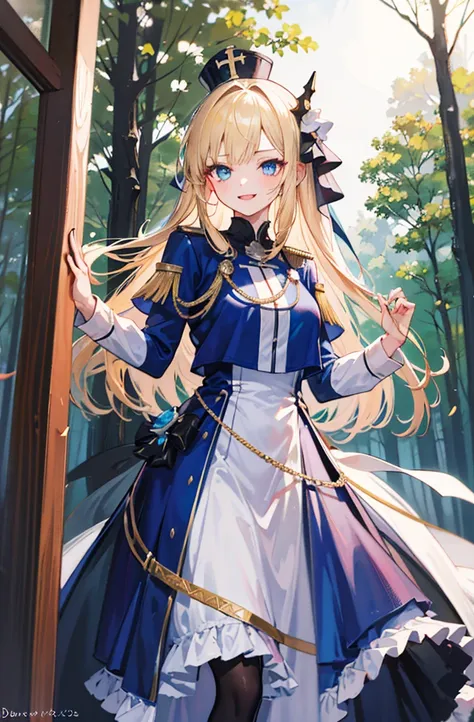 (standing painting: 1.2) + (1girl:1.5)+ golden hair + princess cut + white knight uniform + detailed eyes and nose + deep blue e...