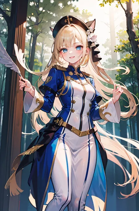 (Standing painting: 1.2) + (1girl:1.5)+ golden hair + princess cut + white knight uniform + detailed eyes and nose + deep blue eyes +  white battle uniform + domineering, masterpiece, best quality,evil smile,holy,((forest background)),adult,