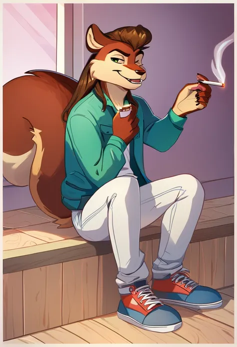 an anthropomorphic squirrel, with long curly hair on his head, dressed in a blue shirt, a bright green jacket, white pants and shoes, laughs, holding a pack of cigarettes in his paw and pulls out one cigarette