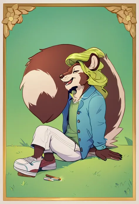 an anthropomorphic squirrel, with long curly hair on his head, dressed in a blue shirt, a bright green jacket, white pants and shoes, laughs, holding a pack of cigarettes in his paw and pulls out one cigarette