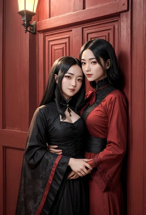 Asian girl with charming smile, long, enveloping black hair that his girlfriend embraces, a very light brunette masculine woman with short hair and red-hot crescent-shaped eyes, dressed in male victorian gothic style. The background is defying reality with...