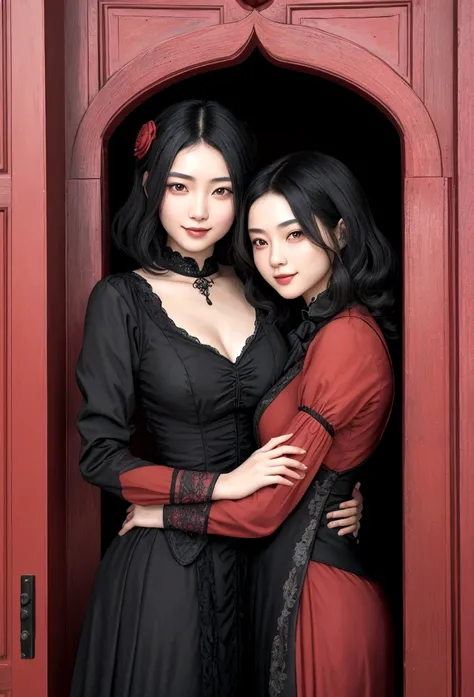 Asian girl with charming smile, long, enveloping black hair that his girlfriend embraces, a very light brunette masculine woman with short hair and red-hot crescent-shaped eyes, dressed in male victorian gothic style. The background is defying reality with...