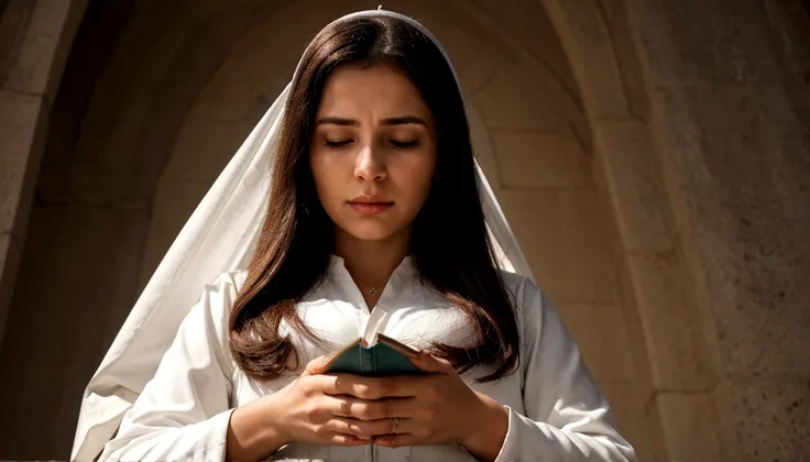 a woman praying with her hands crossed, em frente a uma vela, e uma biblia a frente