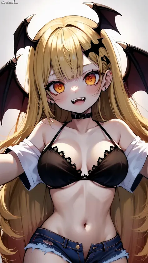 (best quality,4k,highres),sexy demon ,open denim shorts,white wet t-shirt,bare midriff,underboob,batwings,dracula fangs,gazing at viewer,portraits,vivid colors, Blonde hair,dark and atmospheric lighting, Viewer Looking up at her, 