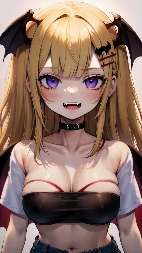 (best quality,4k,highres),sexy demon ,open denim shorts,white wet t-shirt,bare midriff,underboob,batwings,dracula fangs,gazing at viewer,portraits,vivid colors, Blonde hair,dark and atmospheric lighting, Viewer Looking up at her, 