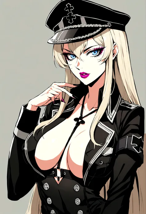 Create an image of the most stunningly beautifully WWII German SS elite esdeath, Stunningly gorgeous beautiful perfect face, long luscious eyelashes,  black eyeliner, perfect makeup, lipstick, vibrant sapphire eyes, perfect smooth skin, long platinum blond...