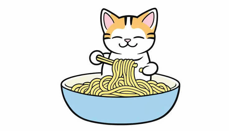 cat eating instant noodles, manga comics style illustration, oversimplified