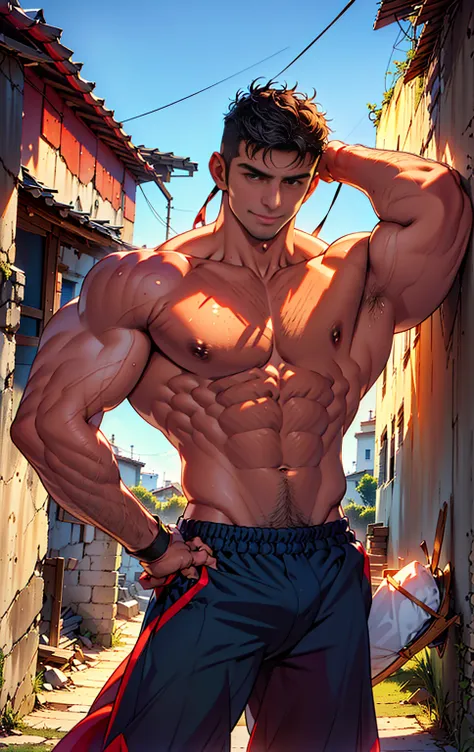 (Obra maestra, 14 year old boy of the best quality.，Shota), 1 chicos, joven,muscular, cabello corto de color rojo, con ojos marrones, Intrincado, Grass, cuerpo completoesbiano, sin camisa, Muscles glow in the sun, boxer cortos negros, diadema verde, vivid ...