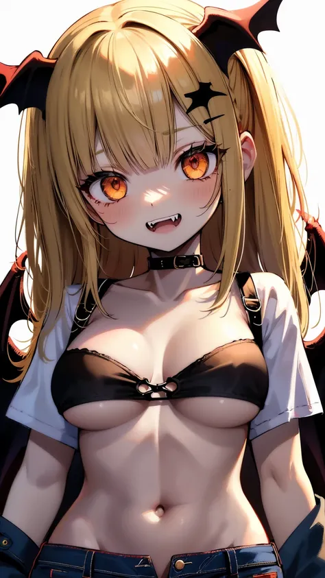 (best quality,4k,highres),sexy demon ,open denim shorts,white wet t-shirt,bare midriff,underboob,batwings,dracula fangs,gazing at viewer,portraits,vivid colors, Blonde hair,dark and atmospheric lighting, Viewer Looking Down at her, Top Down Point of view, 