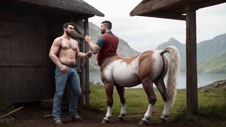 majestic male centaur, ramdomany place, chubby, big hooves, bright white fur, white hair, anatomically correct centaur, docked tail, human face, human nose, human eyes, equine hips, thick thighs, raised tail,  holding the tail, epic skin, epic fur, hyperre...