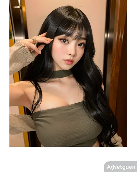 curvy Asian woman with long black hair and a green top, gorgeous young mulher coreana,  coreana, Ulzzang, beautiful south mulher coreana, she has black hair Com franja, cabelo longo com franja completa, beautiful young mulher coreana, long hair Com franja,...