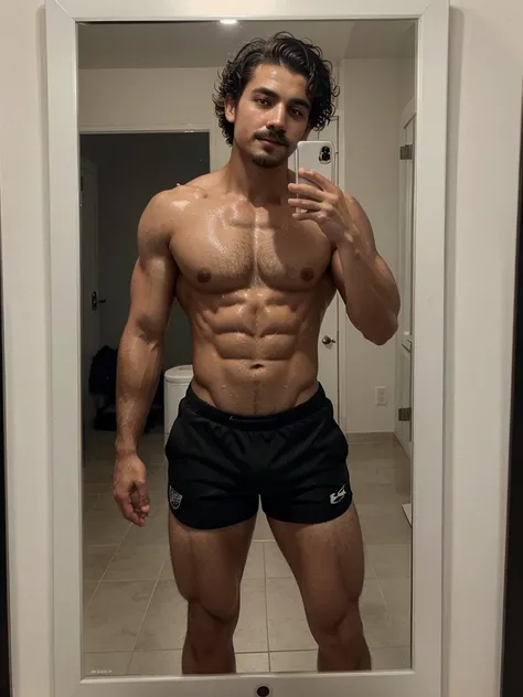 Handsome boy , light mustache, hot muscular body , medium curly hair , mirror selfie, best quality like its taken by iPhone 12 , wearing black sport shorts , wet body