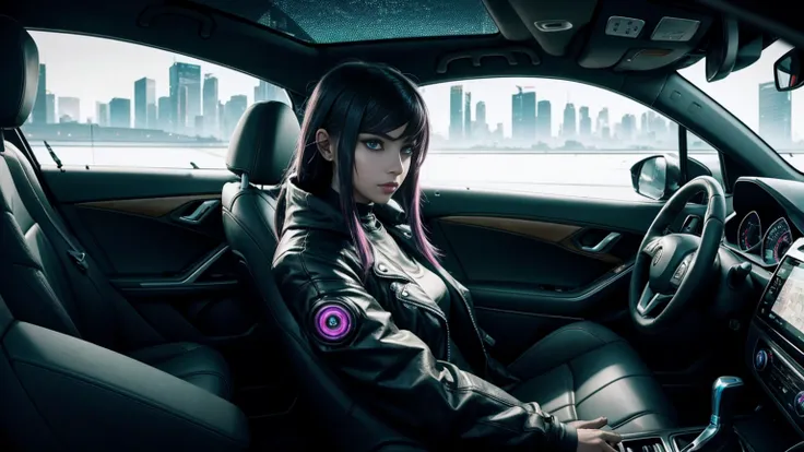 cyberpunk girl, driving a car, car interior, windows