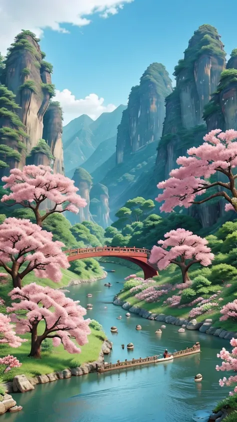 Image of a Chinese river with pink flowers