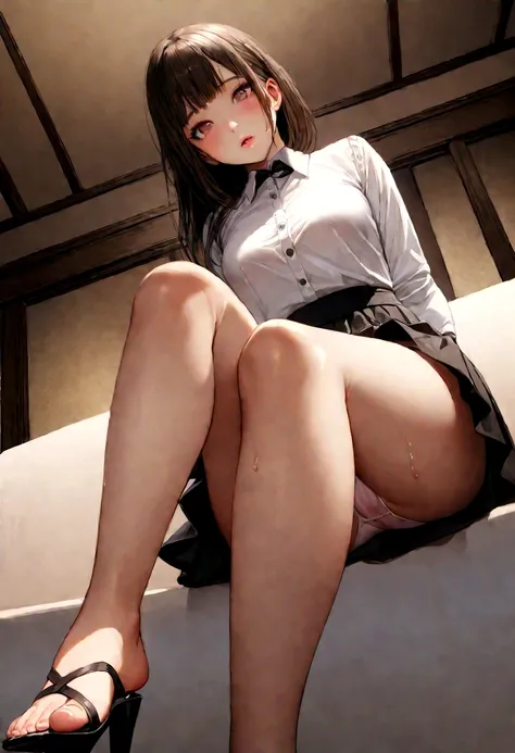 1 Girl、(Japanese girl sitting on the sofa and showing her panties:1.1)、Part your lips、Expressions、Wet Panties、Small panties、Realistic、tights、skirt、Realistic skin texture、Realistic、アップskirt、skirtリフト、Highest quality、masterpiece:1.3、Ultra-high resolution、(Vie...