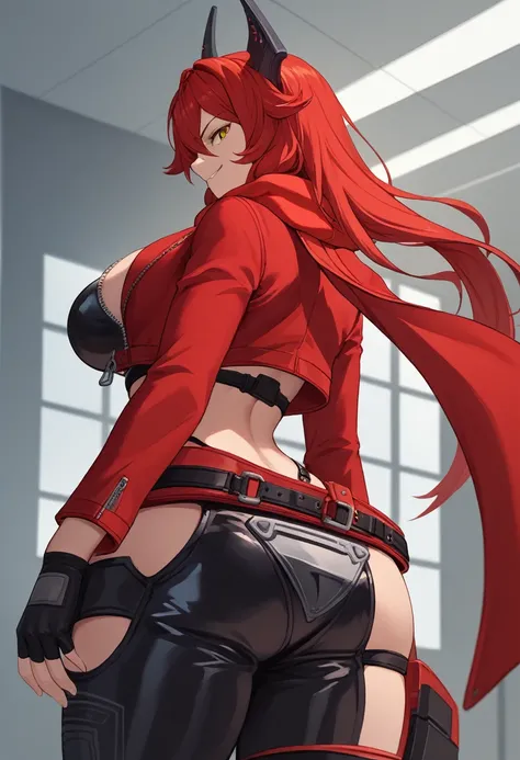 score_9, score_8_up, score_7_up, source_anime BREAK 1girl, solo, nikkeredhood, red hair, long hair, headgear, yellow eyes, red scarf, crop jacket, red jacket, black shrug (clothing), navel, midriff, zipper, cleavage, large breasts, fingerless gloves, belt,...