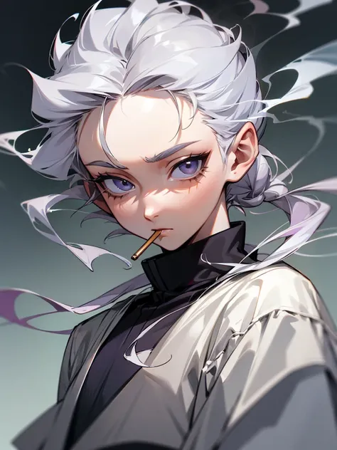 Killua Zoldyk, shoulder-length hair partially tied in a bun, smoking, older, beautiful detailed eyes, extremely detailed face