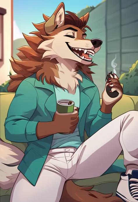 anthropomorphic she-wolf, with long curly hair on his head, wearing a blue shirt, bright green jacket, white pants and shoes, laughing, holding a pack of cigarettes in his paw