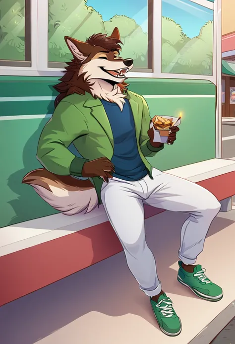 anthropomorphic she-wolf, with long curly hair on his head, wearing a blue shirt, bright green jacket, white pants and shoes, laughing, holding a pack of cigarettes in his paw