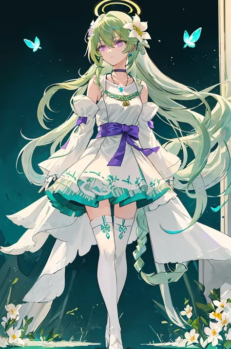 (Masterpiece, Best Quality: 1.4), white Background, Long Hair, Jewelry, Earrings, Necklace, Bride, ((green Hair)), Halo, (Overlook), Dynamic Angle, Ultra Detailed, Illustration, Close Up, Direct Look, 1girl, (Fantasy: 1.4), (Purple Eyes: 1.233), Her Eyes S...