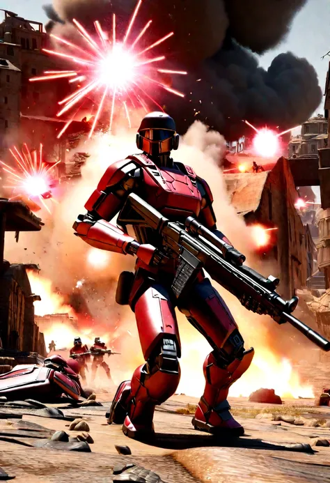 A robotic soldier is moving trough a ruined town, firing at will, relentless,red energy aura, hes armed with a laser rifle and hes firing at the enemy, deadly ,highly detailed, 4k resolution, masterpiece, 3d modelling, battlefield scenario,digital art, Caz...