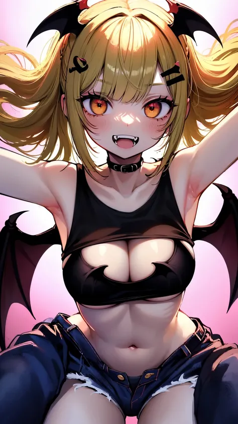 (best quality,4k,highres),sexy demon ,open denim shorts,white wet t-shirt,bare midriff,underboob,batwings,dracula fangs,gazing at viewer,portraits,vivid colors, Blonde hair,dark and atmospheric lighting, Laying down on bed, Arms reaching towards the viewer