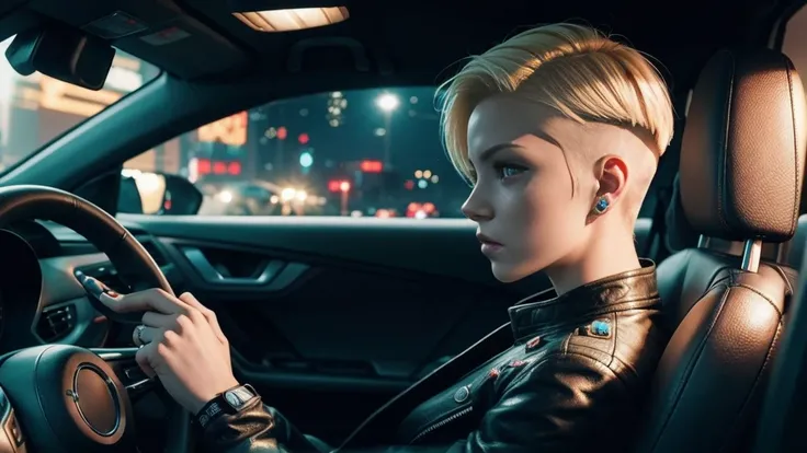 blonde undercut hair cyberpunk girl, driving a car, at night, cozy lighting, side view