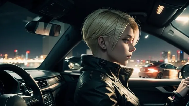 blonde undercut hair cyberpunk girl, driving a car, at night, cozy lighting, side view