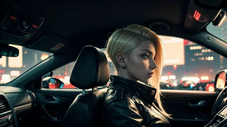 blonde undercut hair cyberpunk girl, driving a car, at night, cozy lighting, side view