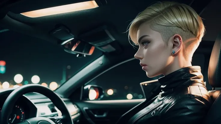 blonde undercut hair cyberpunk girl, driving a car, at night, cozy lighting, side view